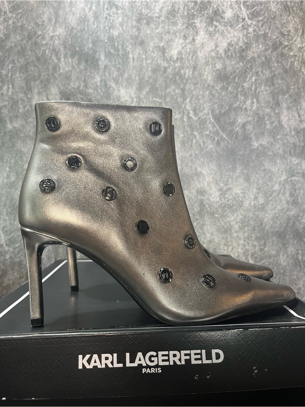 Karl Lagerfeld Metallic Gunmetal Embellished Ankle Boots